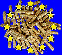 Blauer Hintergrund mit 12 gelben Sternen und in der Mitte Holzpellets