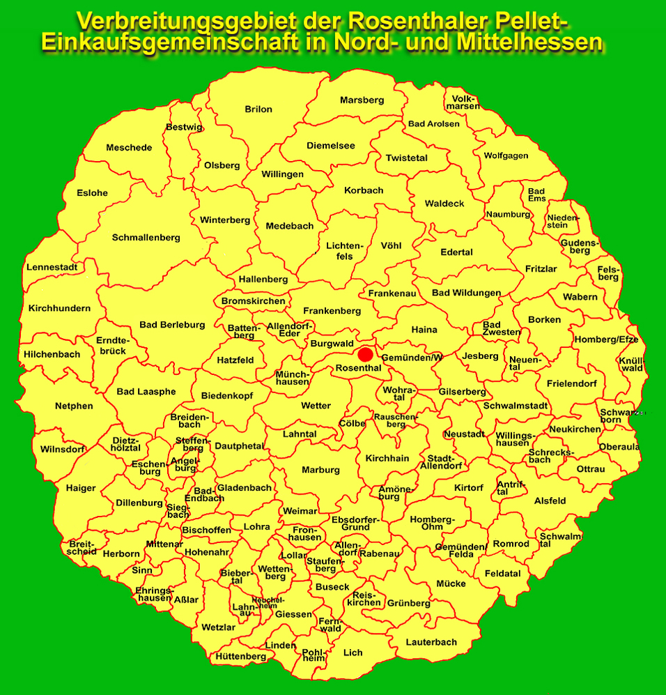 Karte des Verbreitungsgebietes der Rosenthaler Pellet-Einkaufsgemeinschaft in Nord- und Mittelhessen