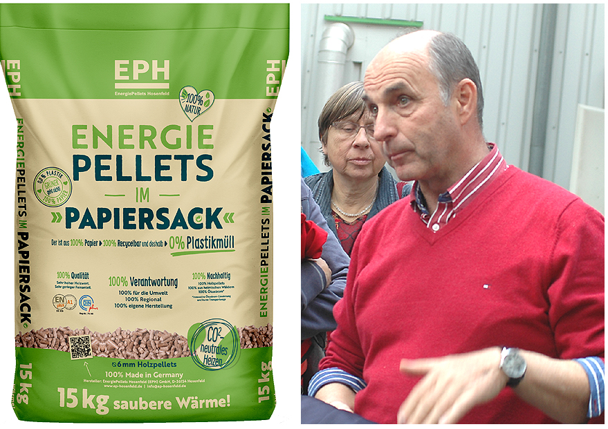 Energie Pellets im Papiersack 15 KG saubere Wärme daneben Bild von einem Mann in Rotem Pullover 