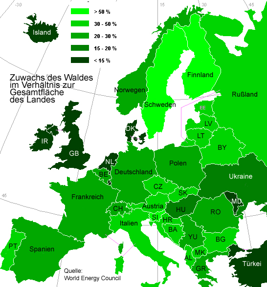 Europakarte mit Daten zum Zuwachs des Waldes im Verhältnis zur Gesamtfläche des Landes 
